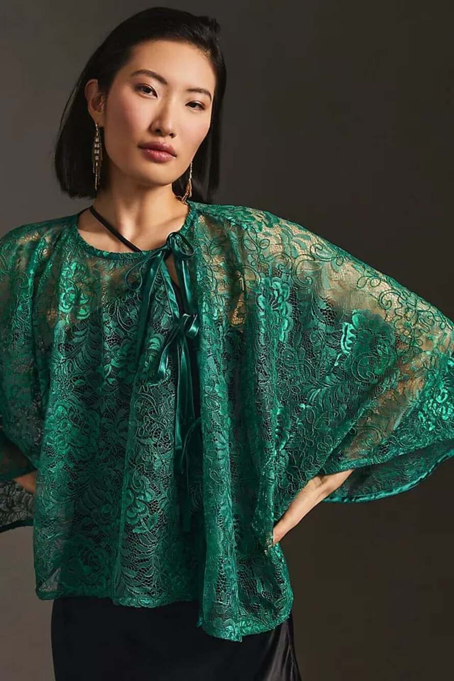 Maeve by Anthropologie Green Floral Lace Tie-Front Cape